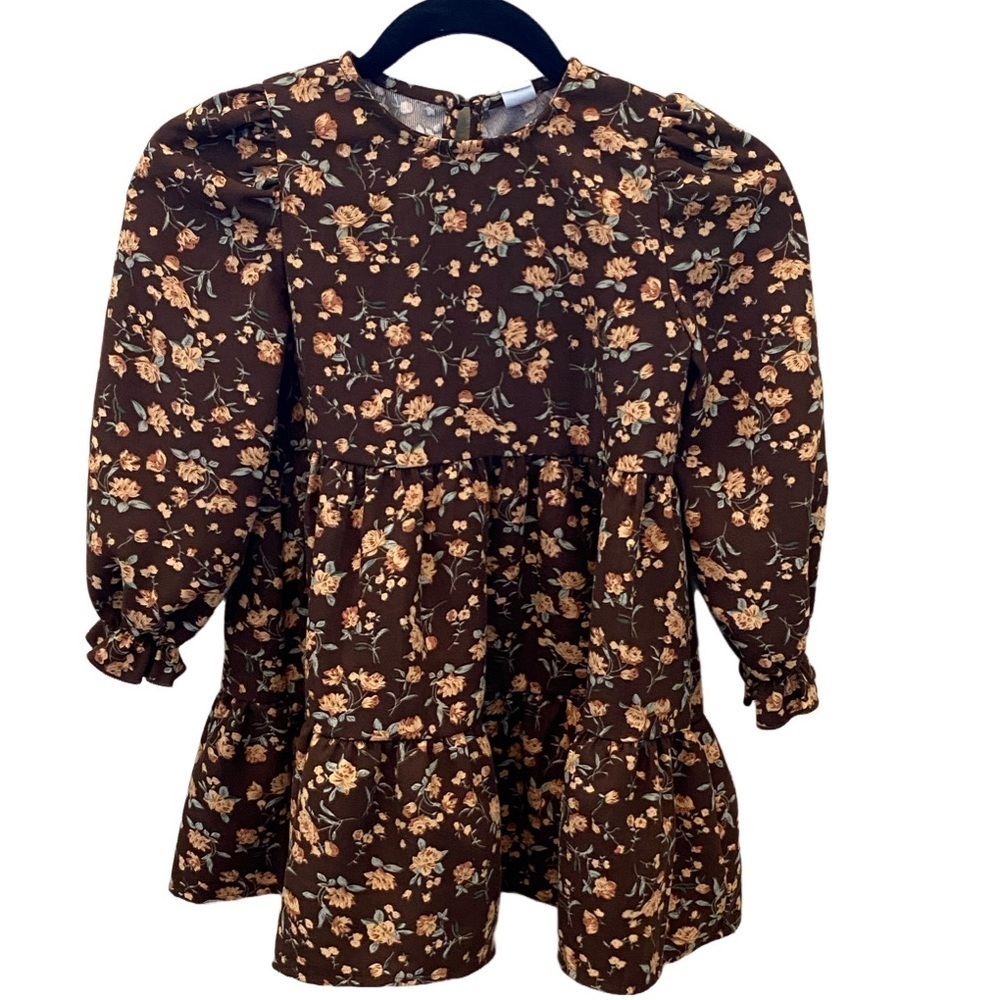SHEIN Brown Floral Kids Dress. soft Corduroy feel. Size 6. Pull over. Button.